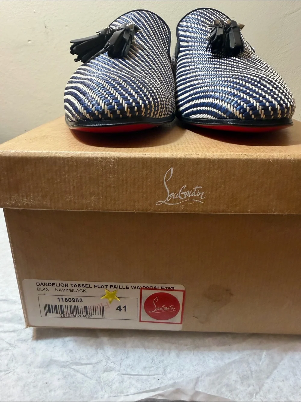 Christian Louboutin Navy & White Woven Tassel Loafers